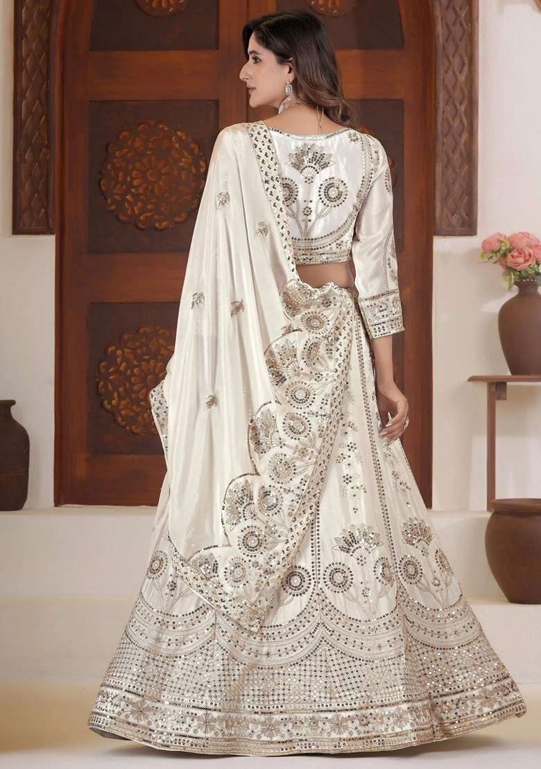 White Chinon Lehenga Set with Embroidery for Diwali | Wedding & Festive Wear - Indya
