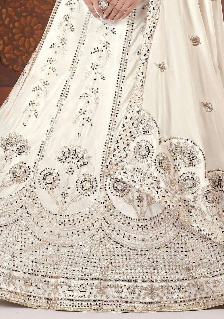White Chinon Lehenga Set with Embroidery for Diwali | Wedding & Festive Wear - Indya