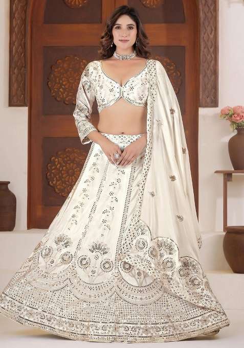 White Chinon Lehenga Set with Embroidery for Diwali | Wedding & Festive Wear
