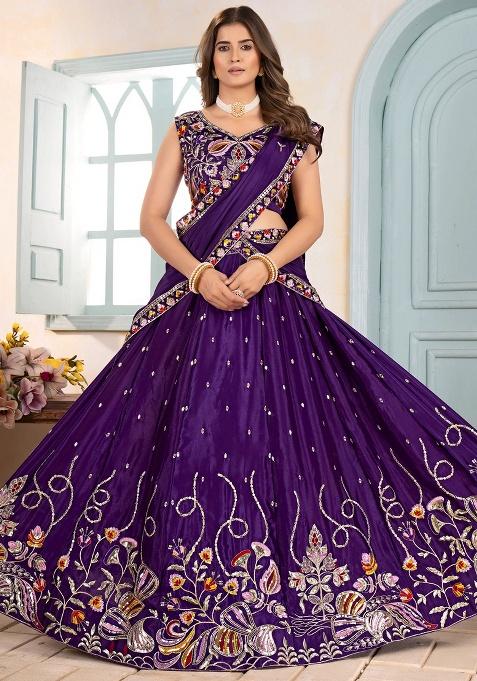 Purple Embroidery Chinon Lehenga Set