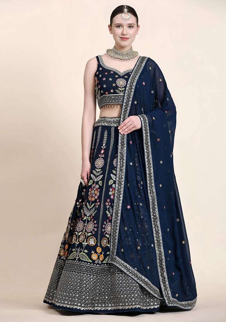 Navy Blue Embroidery Georgette Lehenga Set for Diwali and Festive Wear - Indya