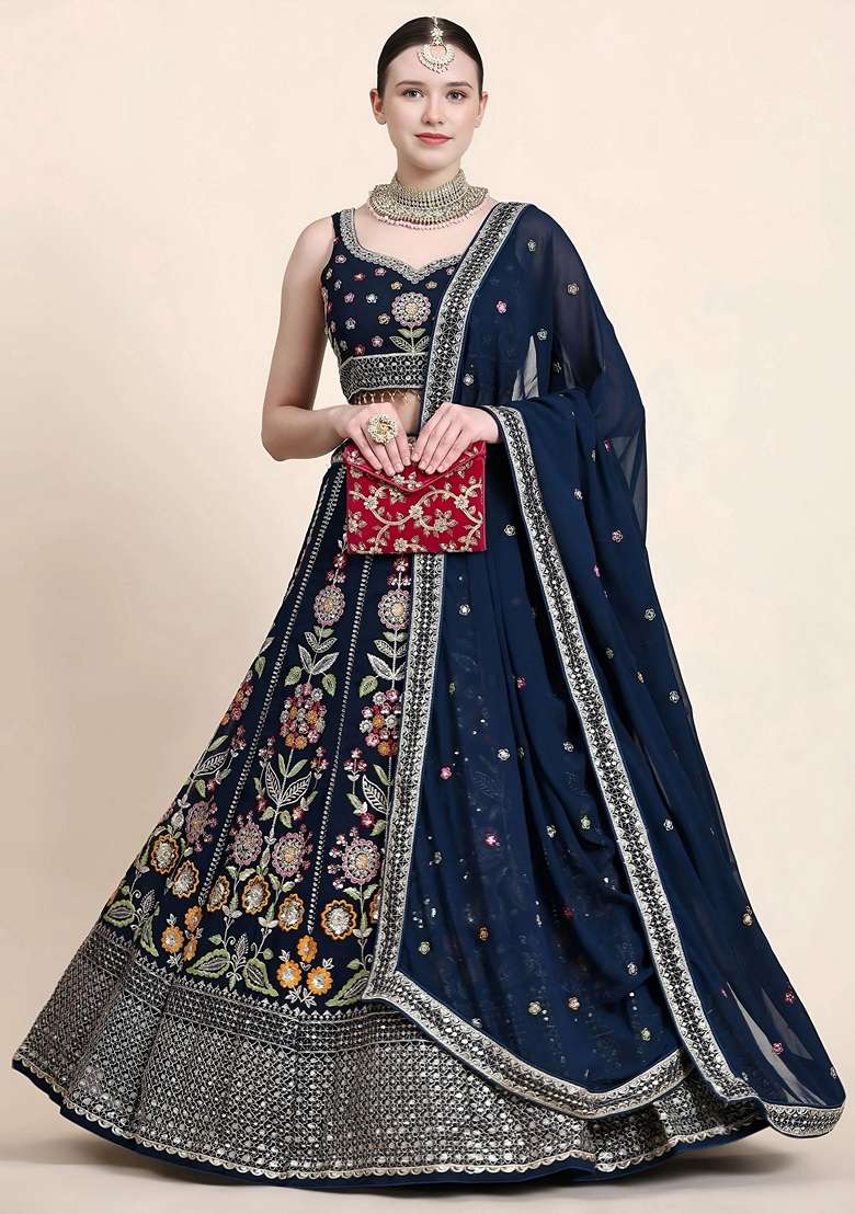 Navy Blue Embroidery Georgette Lehenga Set for Diwali and Festive Wear - Indya