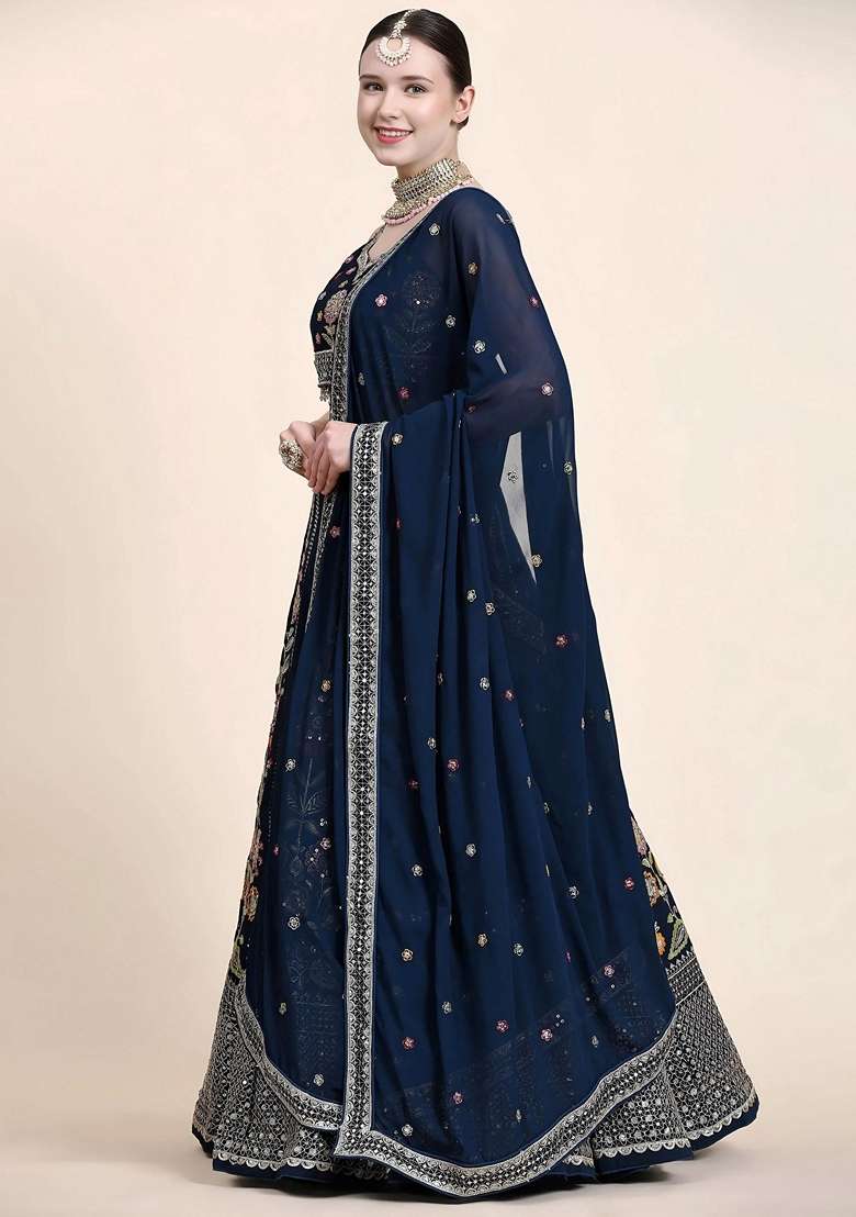 Navy Blue Embroidery Georgette Lehenga Set for Diwali and Festive Wear - Indya