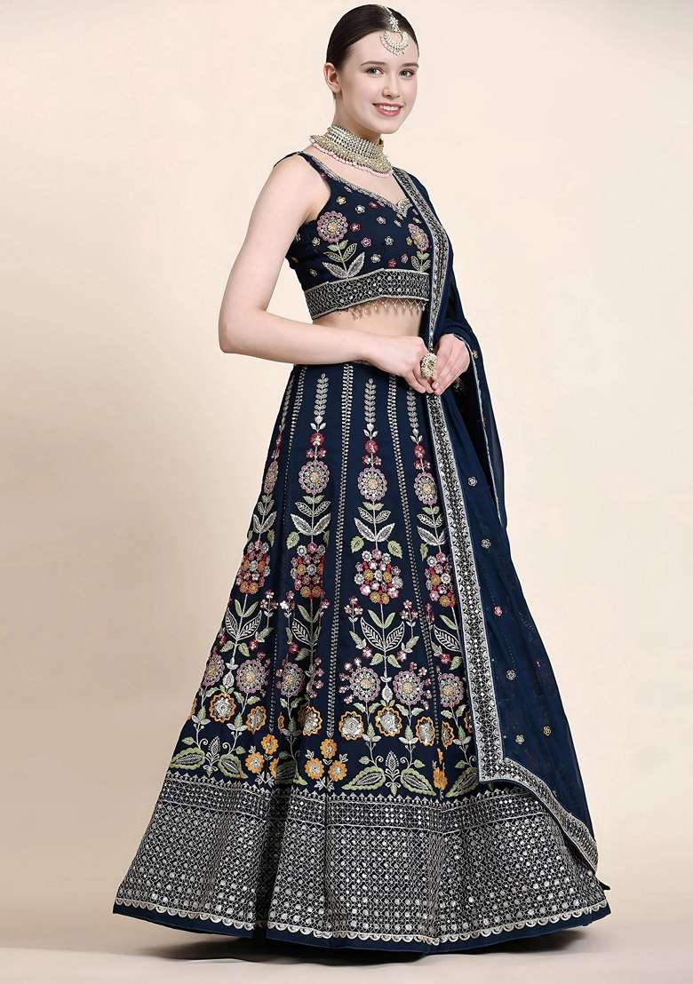 Navy Blue Embroidery Georgette Lehenga Set for Diwali and Festive Wear - Indya
