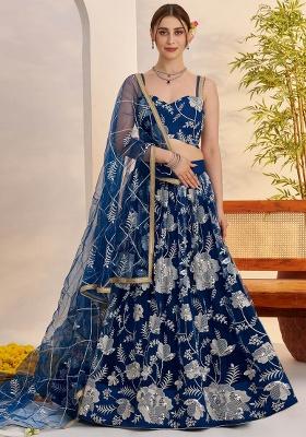 Blue Embroidery Net Lehenga Set