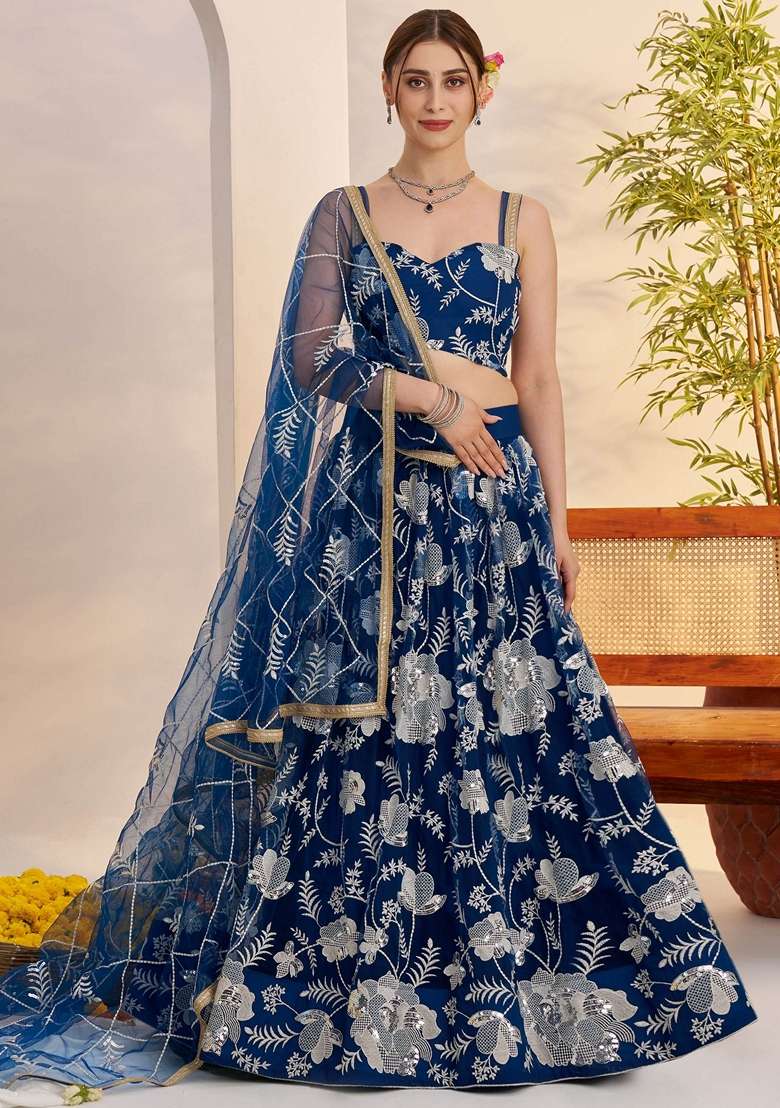 Blue Embroidery Net Lehenga Set for Diwali and Festive Wear - Indya