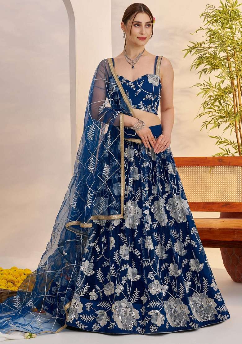 Blue Embroidery Net Lehenga Set for Diwali and Festive Wear - Indya