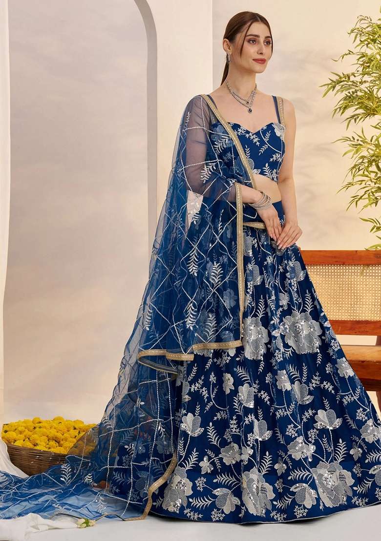 Blue Embroidery Net Lehenga Set for Diwali and Festive Wear - Indya