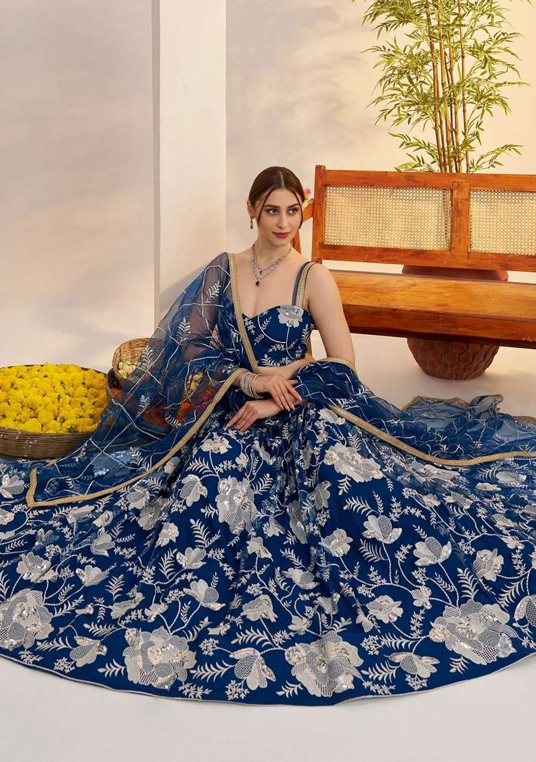 Blue Embroidery Net Lehenga Set for Diwali and Festive Wear - Indya