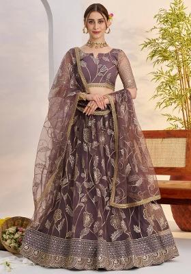 Purple Embroidery Net Lehenga Set