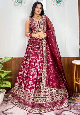 Maroon Embroidery Silk Lehenga Set