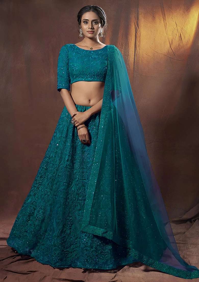 Green Embroidery Net Lehenga Set for Diwali and Festive Wear - Indya