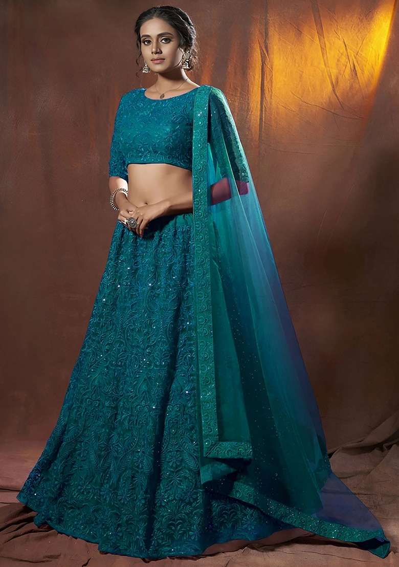Green Embroidery Net Lehenga Set for Diwali and Festive Wear - Indya