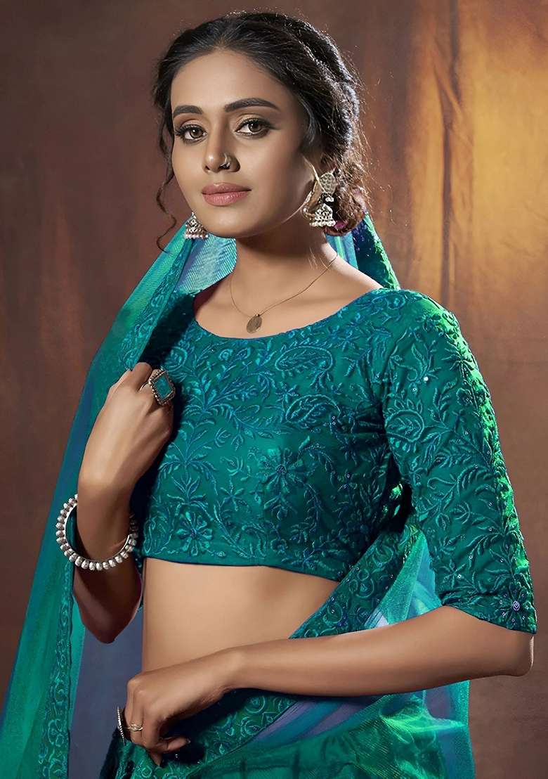 Green Embroidery Net Lehenga Set for Diwali and Festive Wear - Indya