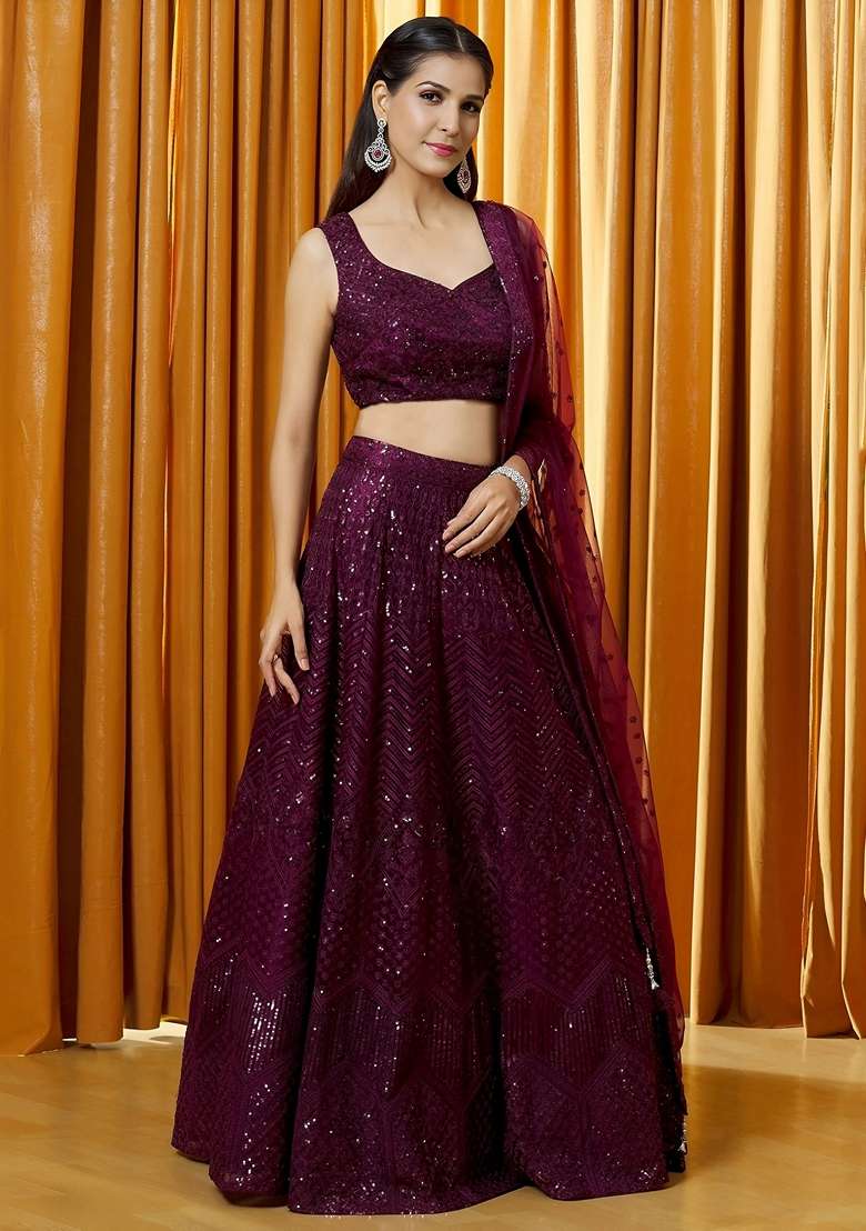 Purple Embroidery Georgette Lehenga Set for Diwali and Festive Wear - Indya