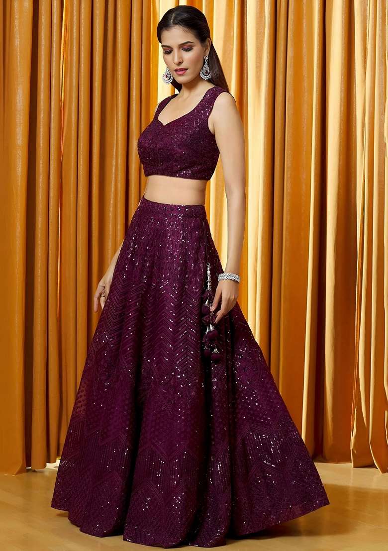 Purple Embroidery Georgette Lehenga Set for Diwali and Festive Wear - Indya
