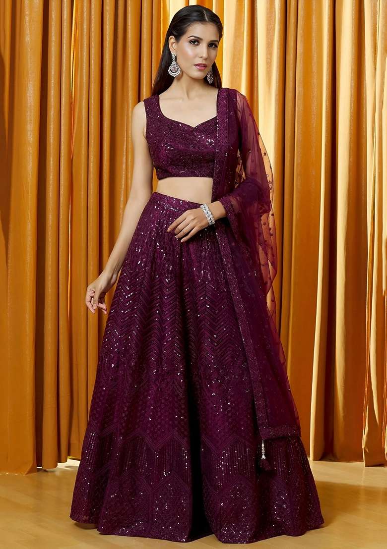 Purple Embroidery Georgette Lehenga Set for Diwali and Festive Wear - Indya