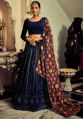 Navy Blue Embroidery Georgette Lehenga Set