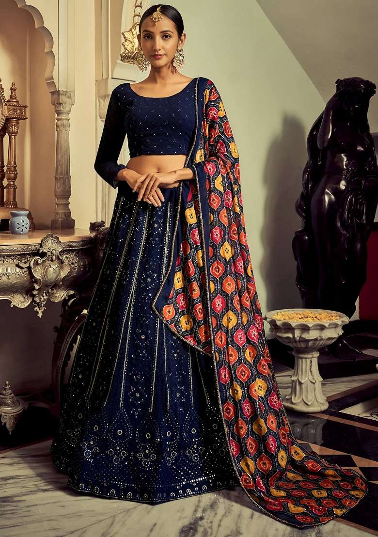 Navy Blue Georgette Lehenga Set with Embroidery for Diwali | Wedding & Festive Wear - Indya