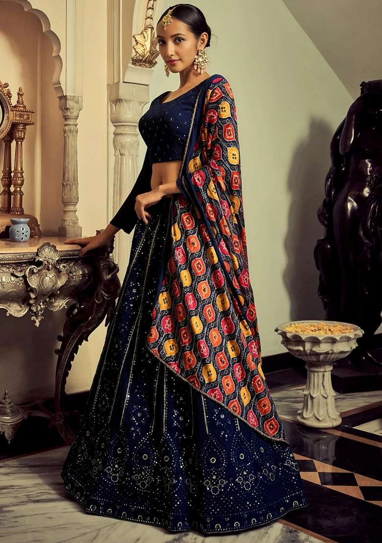 Navy Blue Georgette Lehenga Set with Embroidery for Diwali | Wedding & Festive Wear - Indya