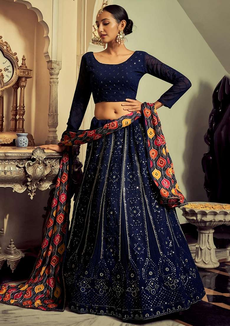 Navy Blue Georgette Lehenga Set with Embroidery for Diwali | Wedding & Festive Wear - Indya