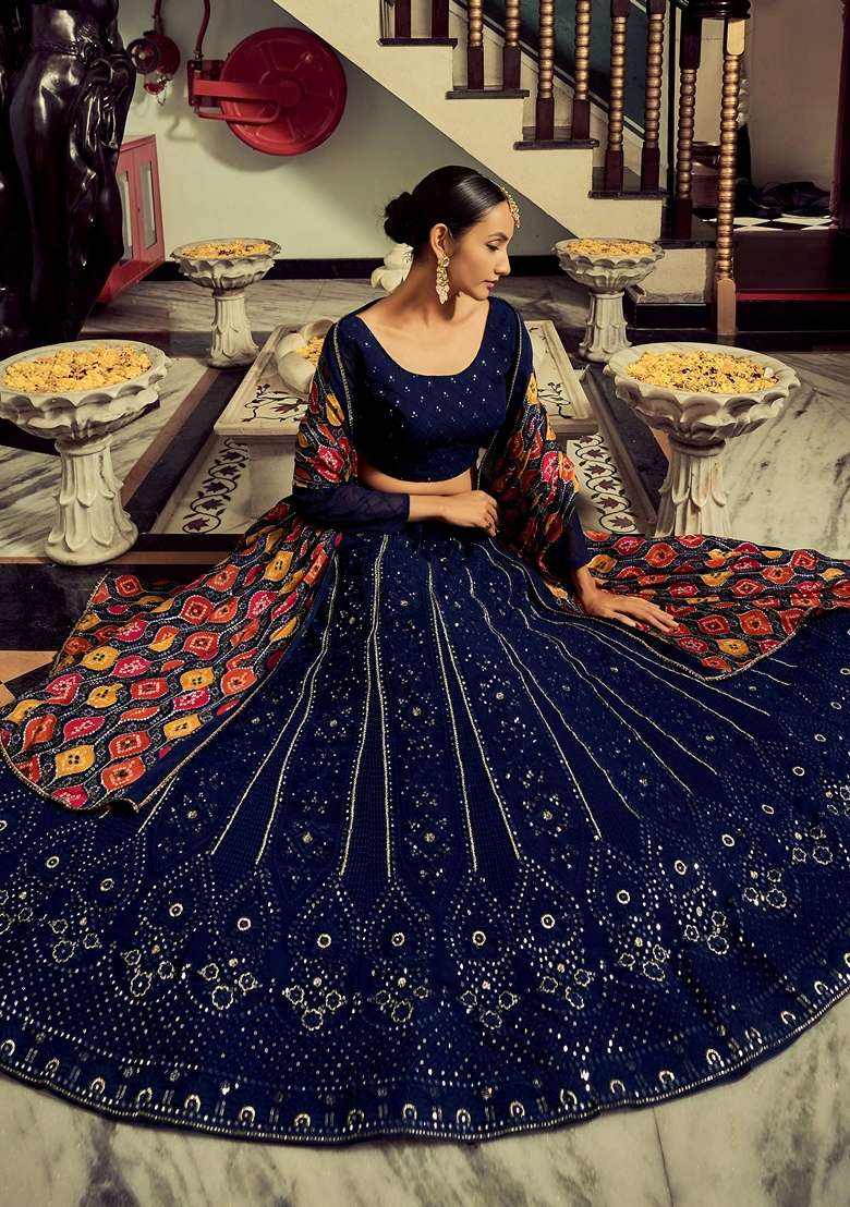 Navy Blue Georgette Lehenga Set with Embroidery for Diwali | Wedding & Festive Wear - Indya