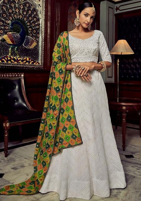 White Embroidery Georgette Lehenga Set