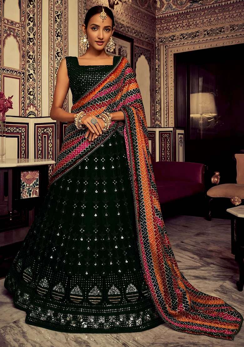 Green Embroidery Georgette Lehenga Set for Diwali and Festive Wear - Indya