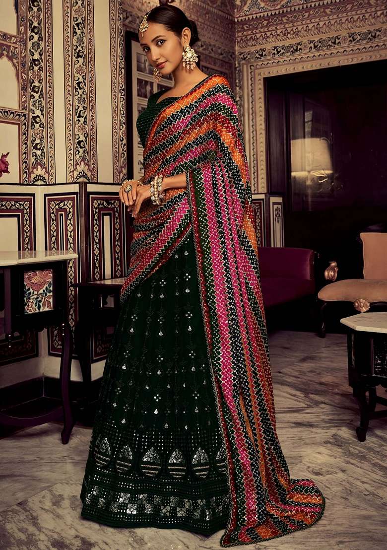 Green Embroidery Georgette Lehenga Set for Diwali and Festive Wear - Indya