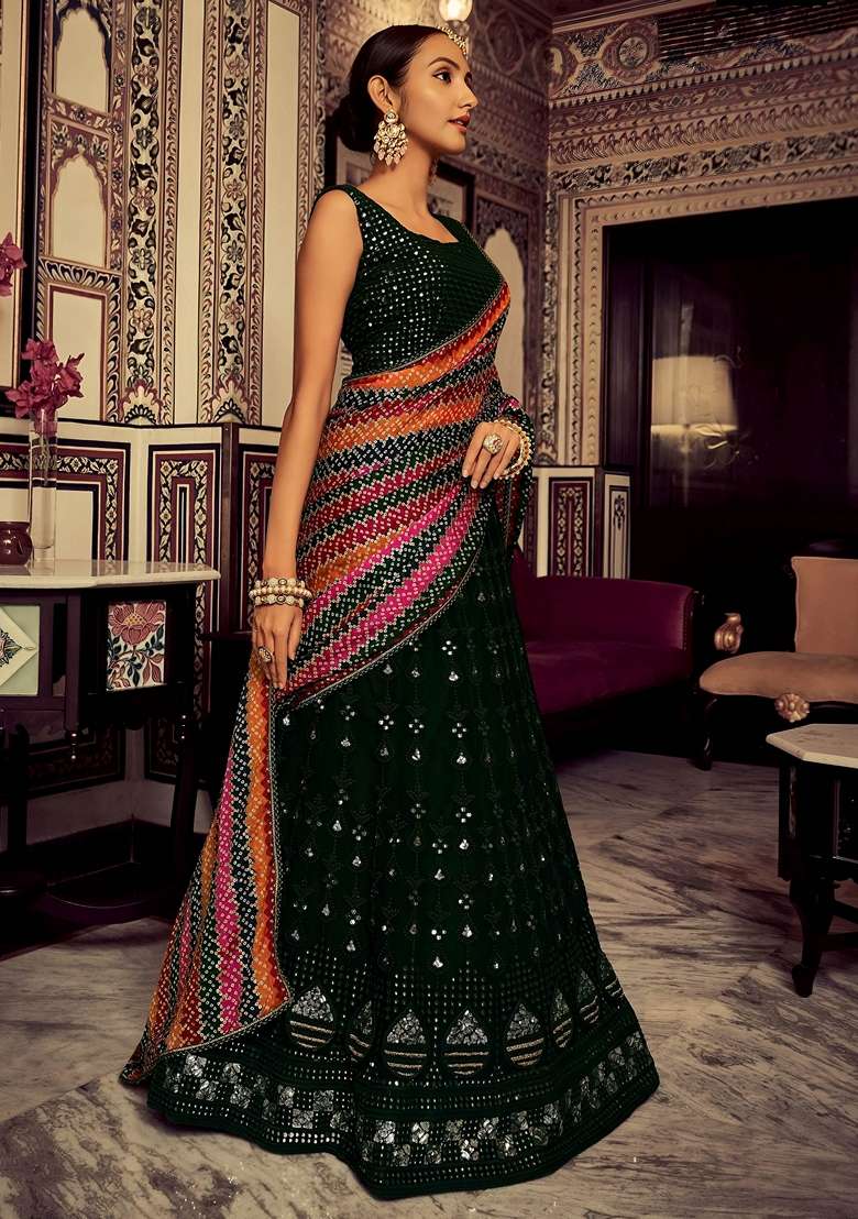 Green Embroidery Georgette Lehenga Set for Diwali and Festive Wear - Indya