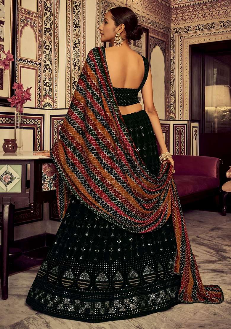 Green Embroidery Georgette Lehenga Set for Diwali and Festive Wear - Indya