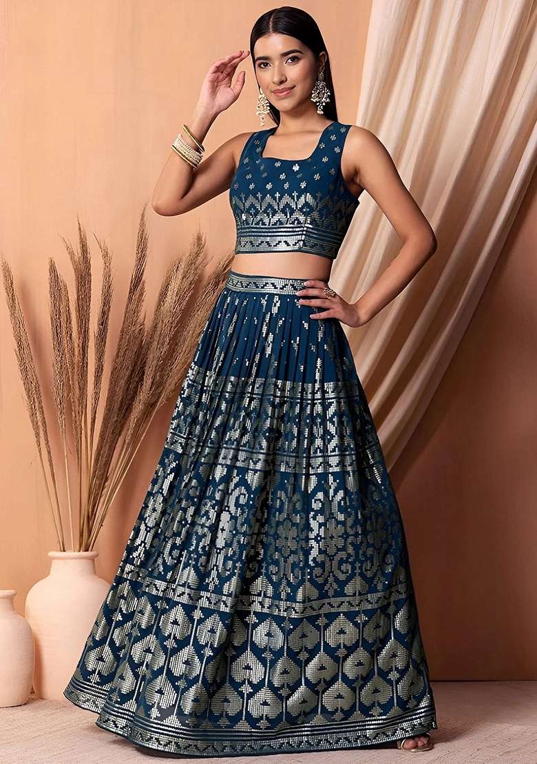 Blue Georgette Lehenga Set with Embroidery for Diwali | Wedding & Festive Wear - Indya