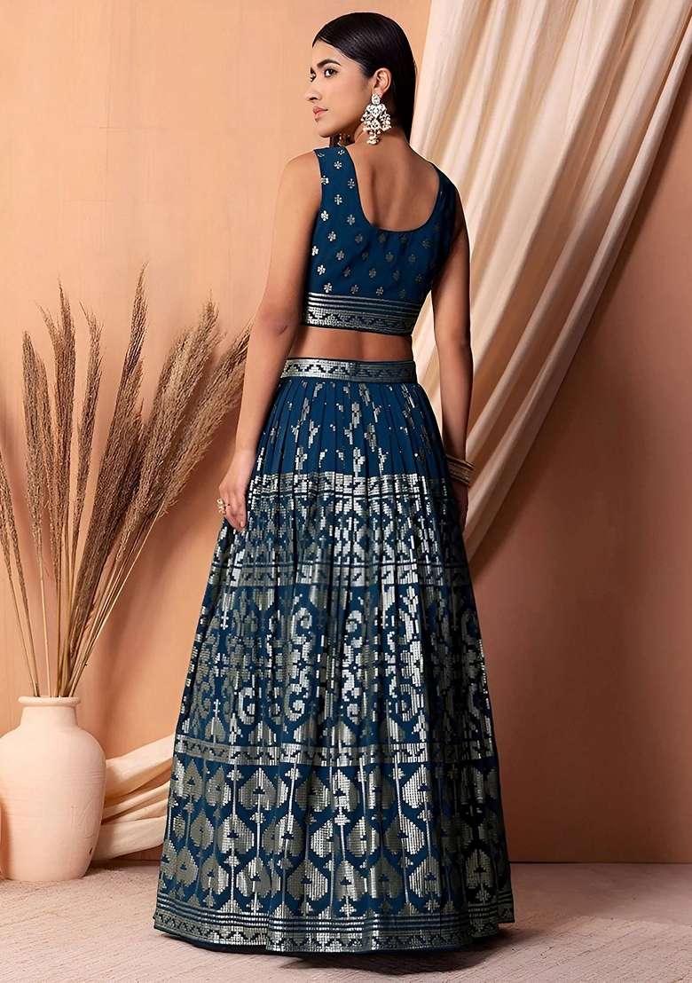 Blue Georgette Lehenga Set with Embroidery for Diwali | Wedding & Festive Wear - Indya