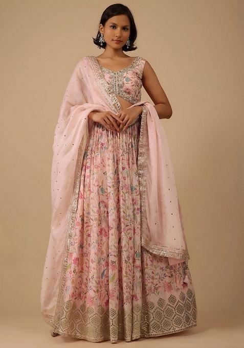 Peach Embroidery Organza Lehenga Set