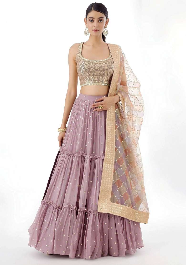 Pink Georgette Lehenga Set with Sequins for Diwali | Wedding & Festive Wear - Indya