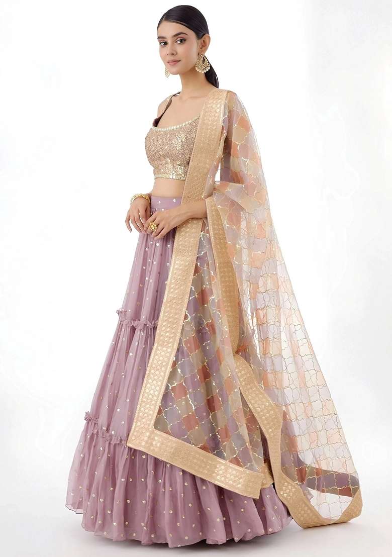 Pink Georgette Lehenga Set with Sequins for Diwali | Wedding & Festive Wear - Indya