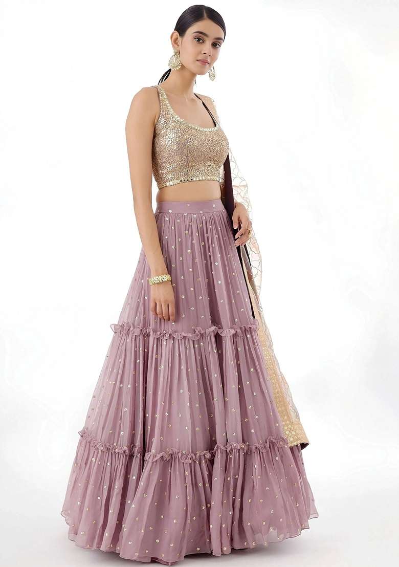 Pink Georgette Lehenga Set with Sequins for Diwali | Wedding & Festive Wear - Indya