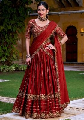 Red Embroidery Silk Lehenga Set