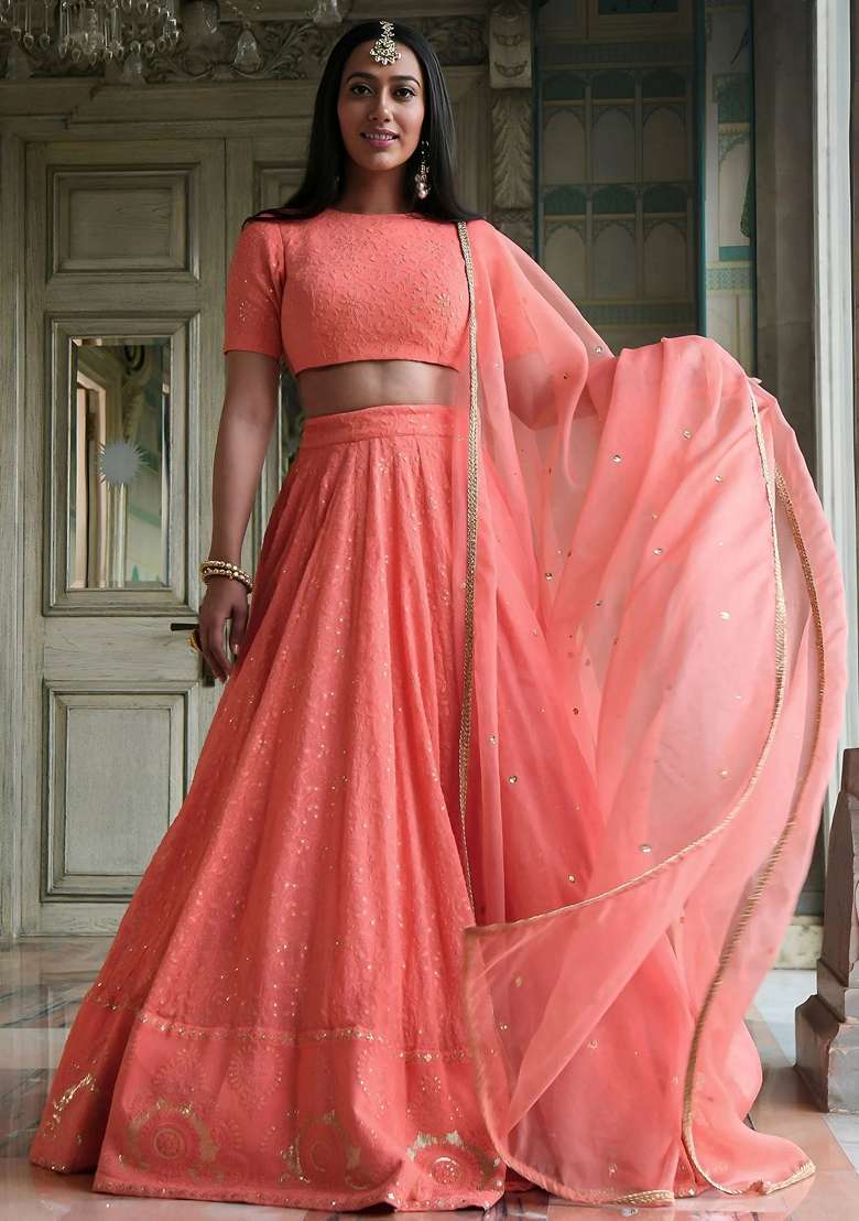 Peach Georgette Lehenga Set with Embroidery for Diwali | Wedding & Festive Wear - Indya
