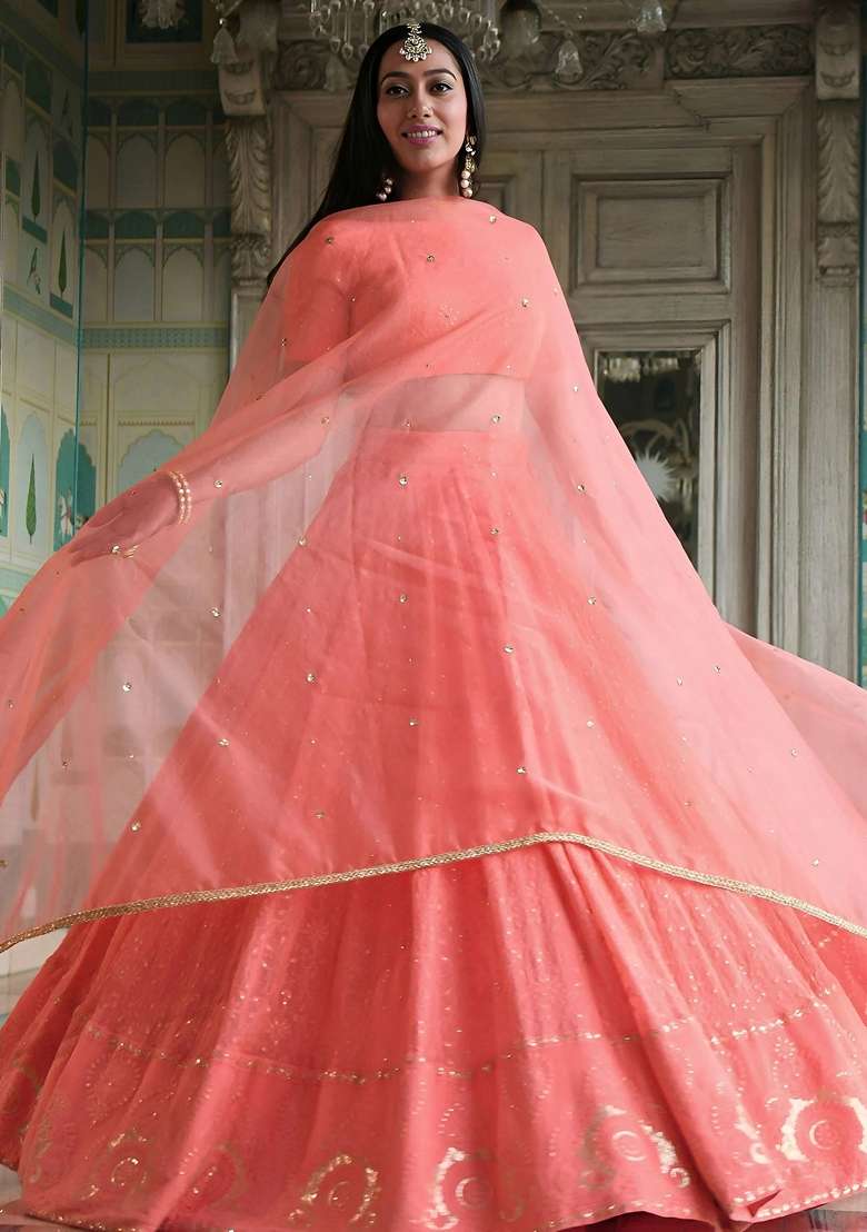 Peach Georgette Lehenga Set with Embroidery for Diwali | Wedding & Festive Wear - Indya