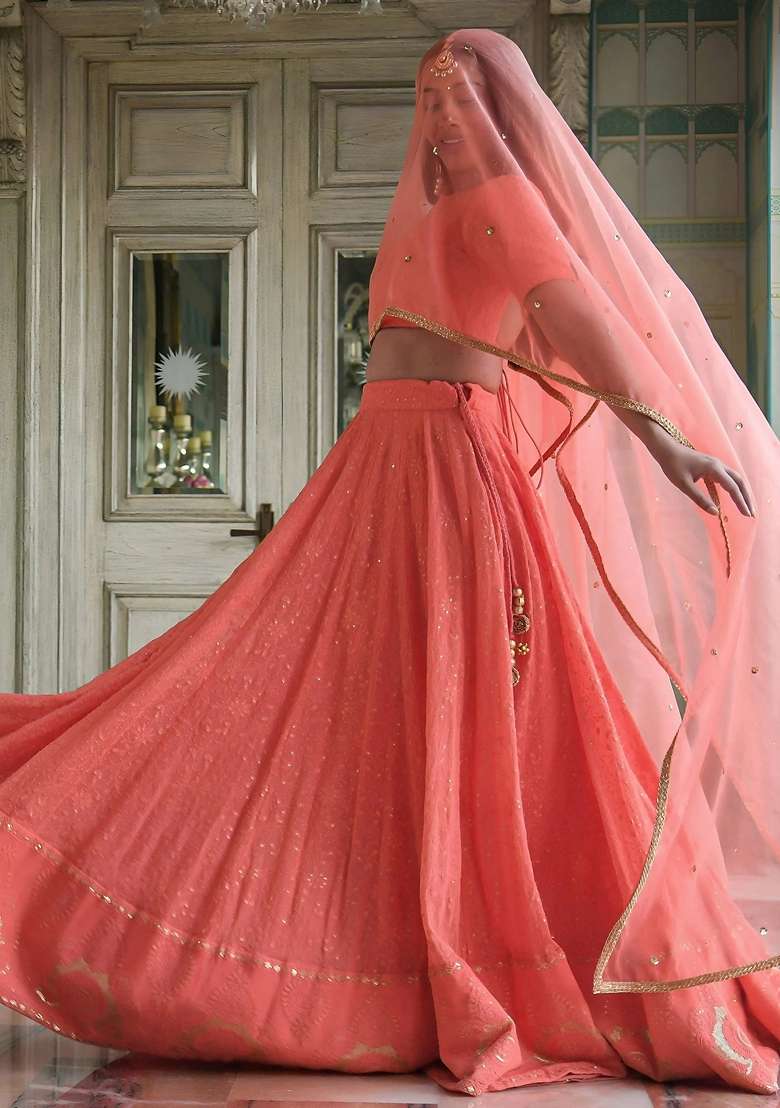 Peach Georgette Lehenga Set with Embroidery for Diwali | Wedding & Festive Wear - Indya