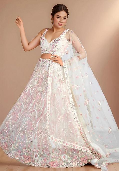 White Embroidery Net Lehenga Set — view on Indya