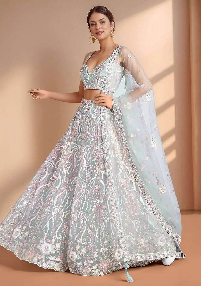 Sky Blue Net Lehenga Set with Embroidery for Diwali | Wedding & Festive Wear - Indya