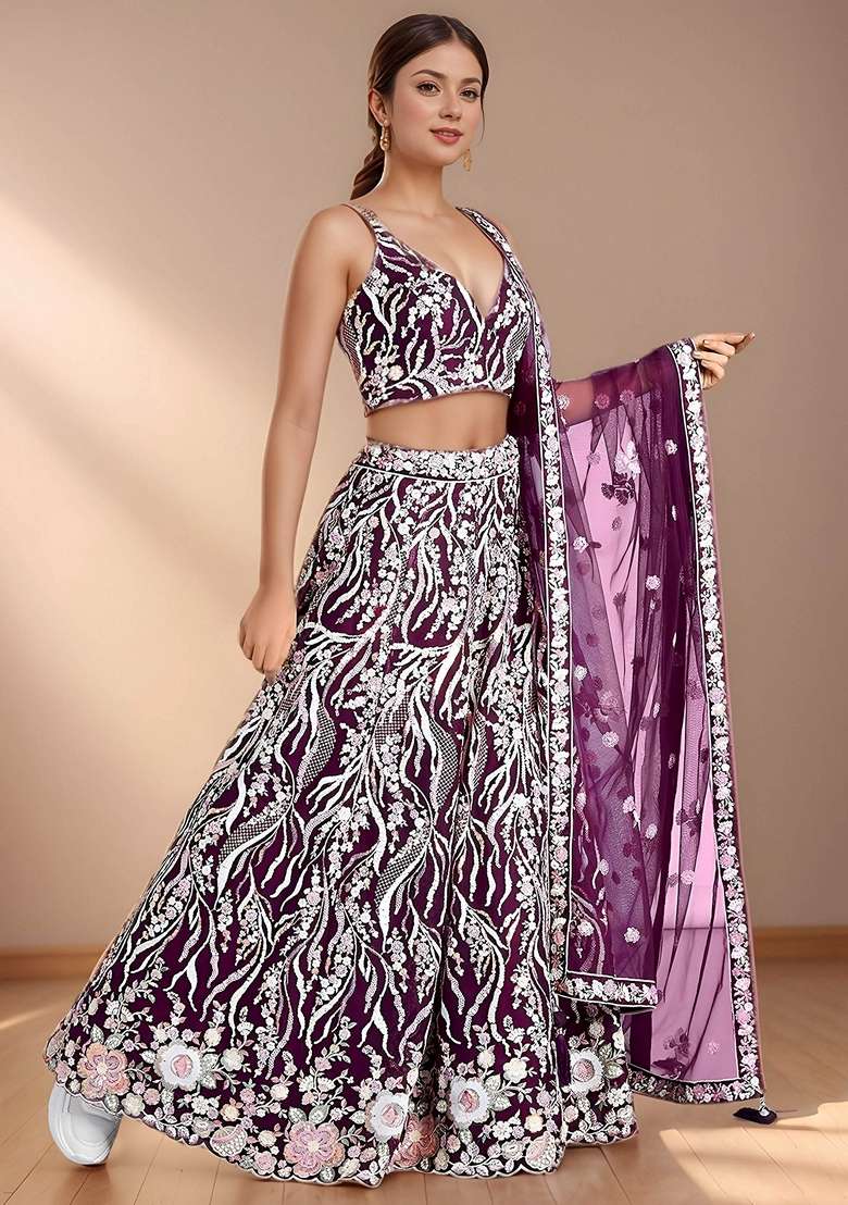Purple Embroidery Net Lehenga Set for Diwali and Festive Wear - Indya