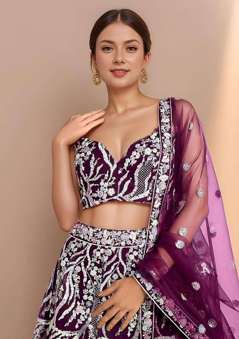 Purple Embroidery Net Lehenga Set for Diwali and Festive Wear - Indya