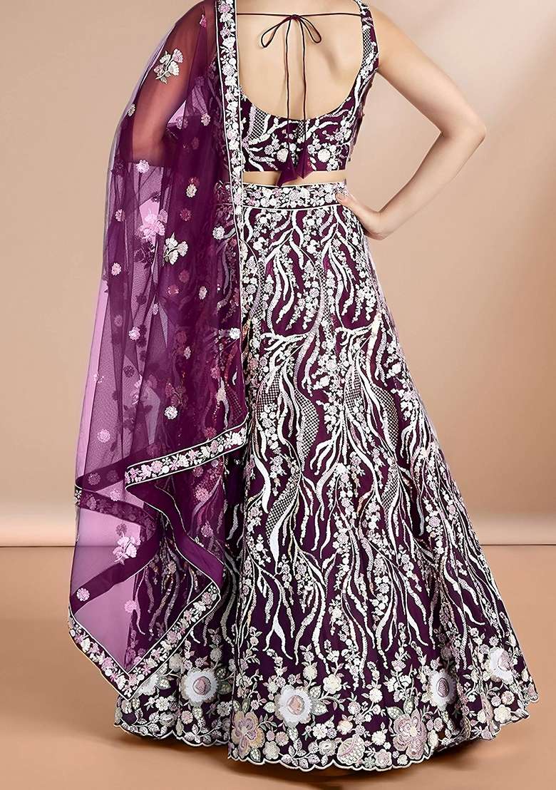 Purple Embroidery Net Lehenga Set for Diwali and Festive Wear - Indya