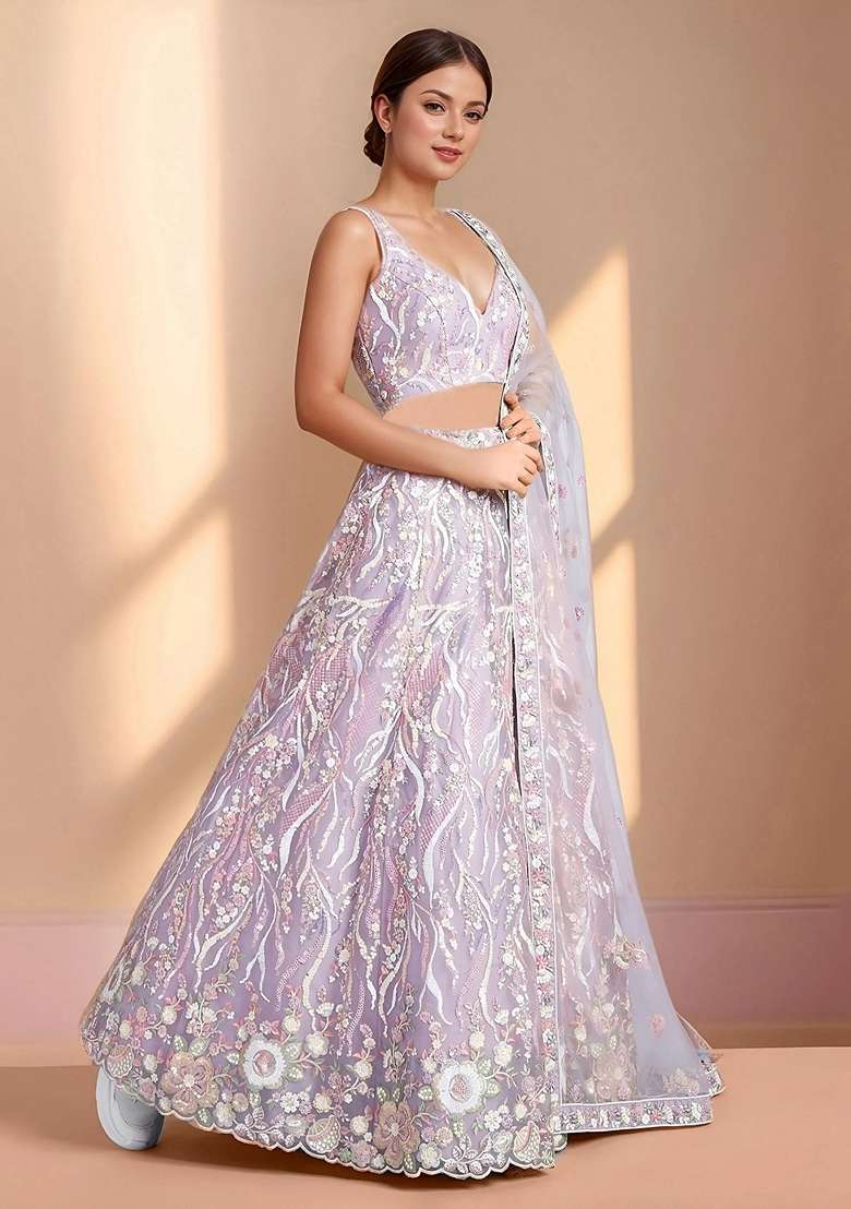 Purple Net Lehenga Set with Sequins for Diwali | Wedding & Festive Wear - Indya
