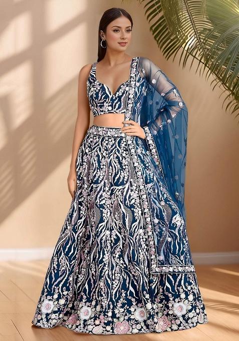 Blue Sequins Net Lehenga Set — view on Indya