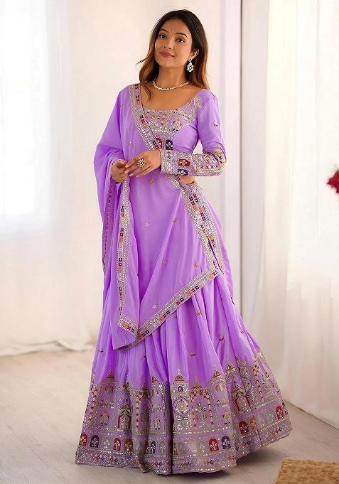 Purple Embroidery Crepe Lehenga Set