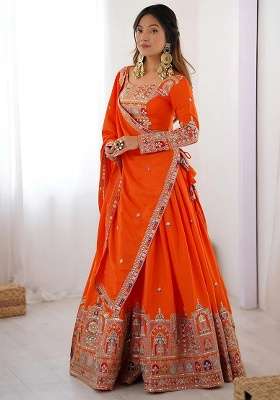 Orange Embroidery Crepe Lehenga Set for Diwali and Festive Wear